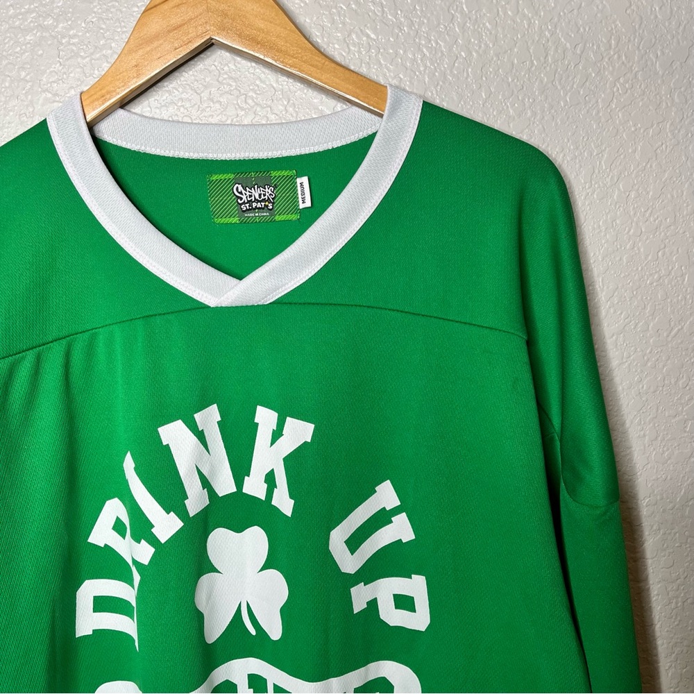 St. Patrick’s Day Green Drink Up Shamrock Graphic Jersey Shirt Unisex Oversized - Picture 4 of 8
